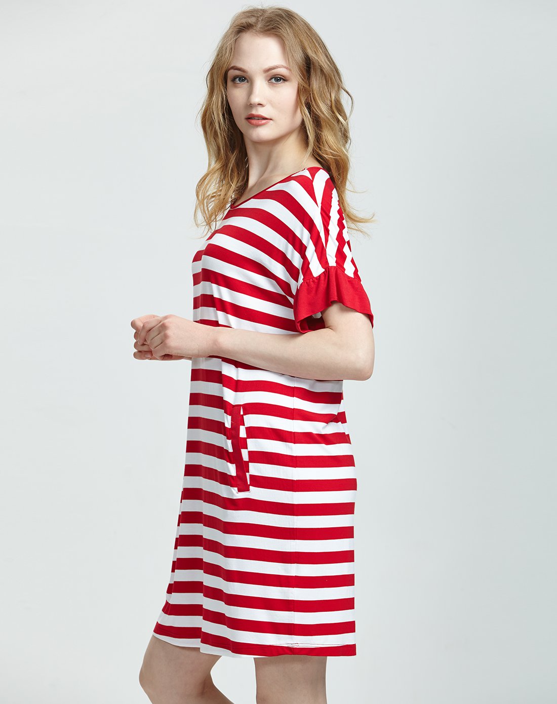 女士时尚家居裙红白条