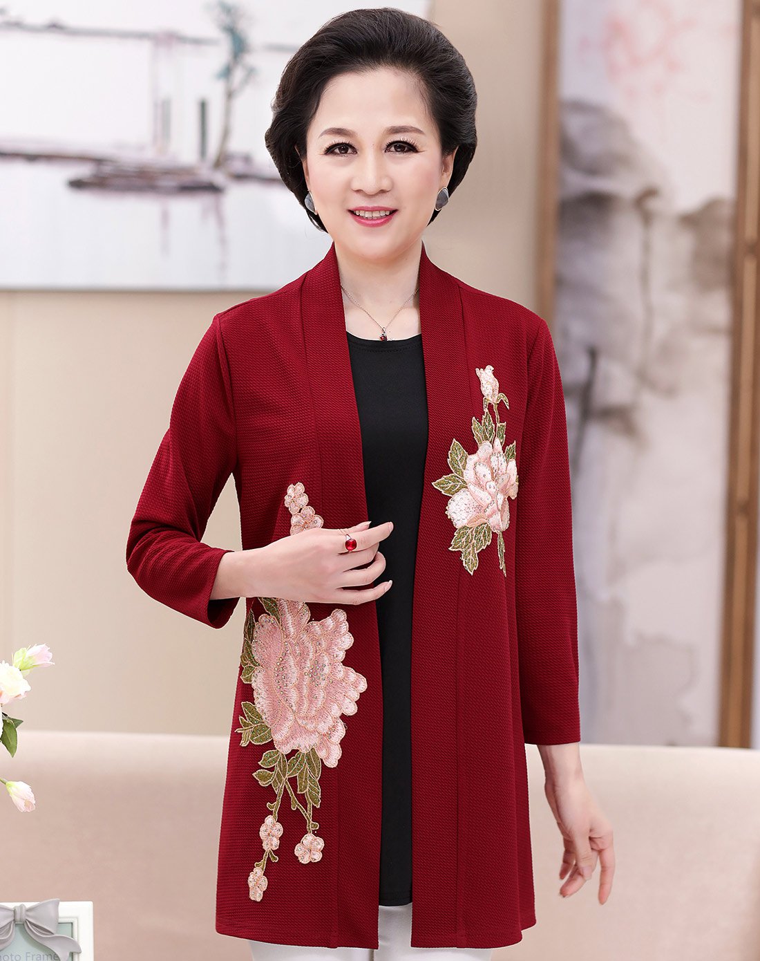 贵恋中老年女装妈妈装绣花开衫两件套(外套 内搭)