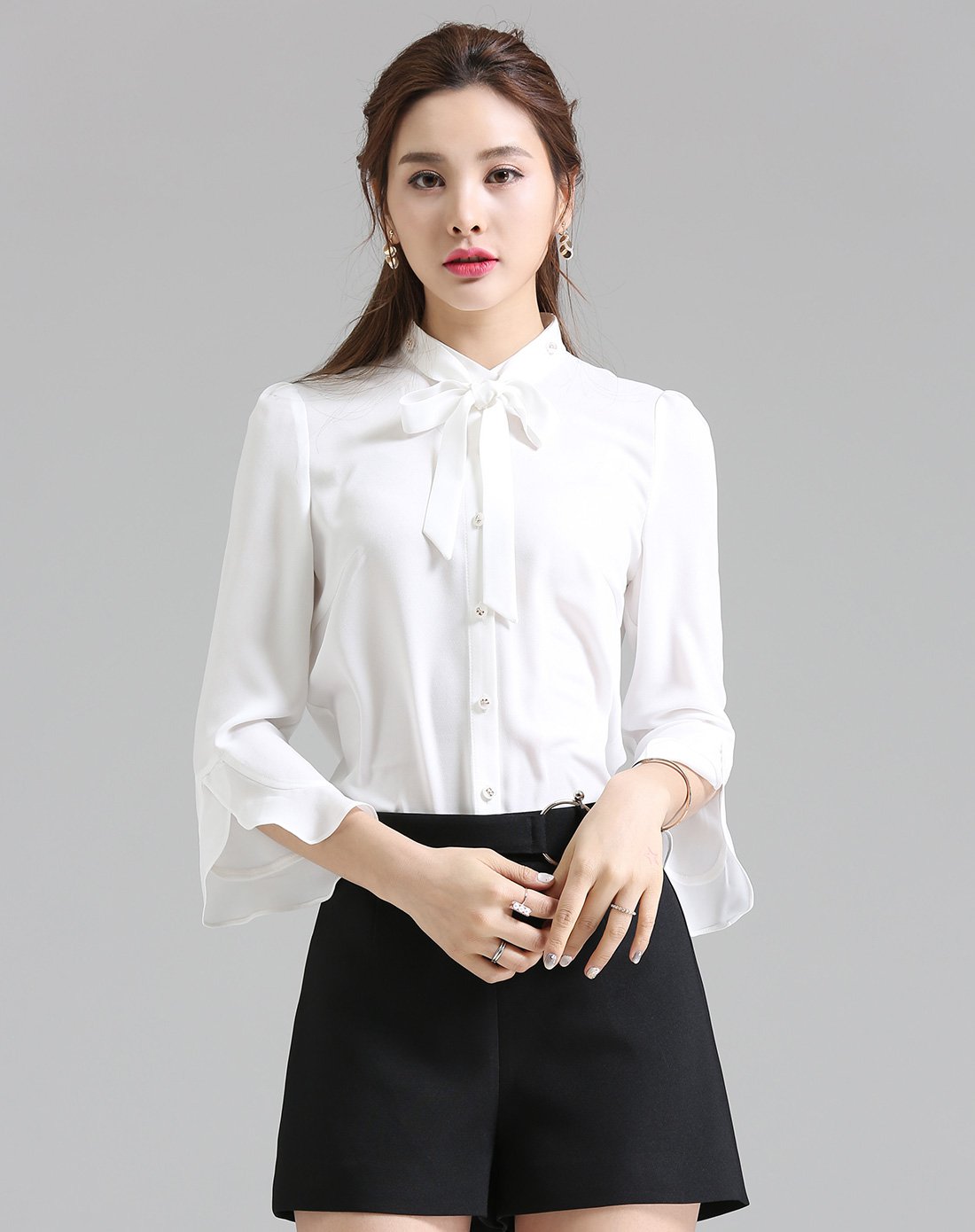 女款荷叶袖甜美雪纺衬衫粉红