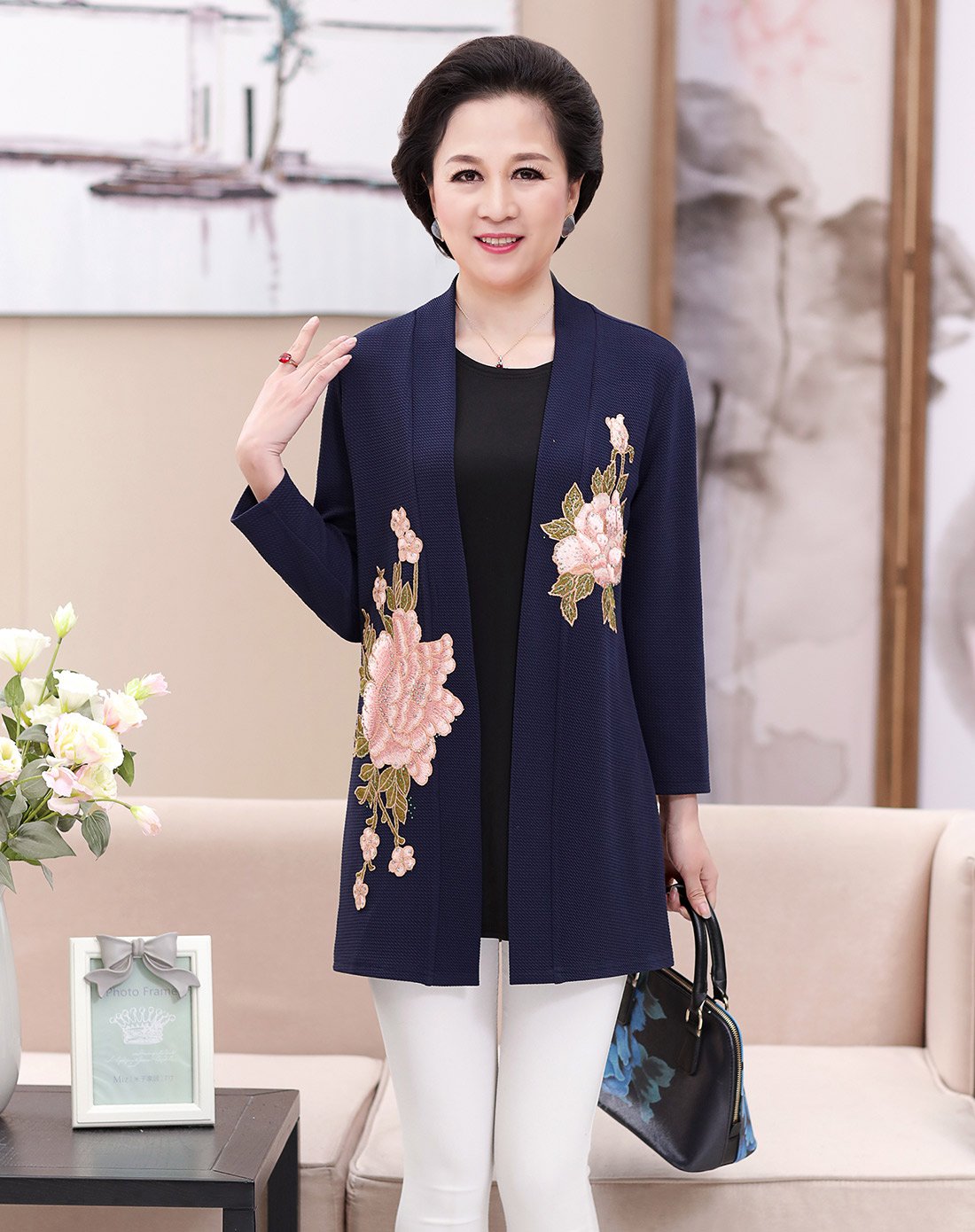 贵恋中老年女装妈妈装绣花开衫两件套(外套 内搭)