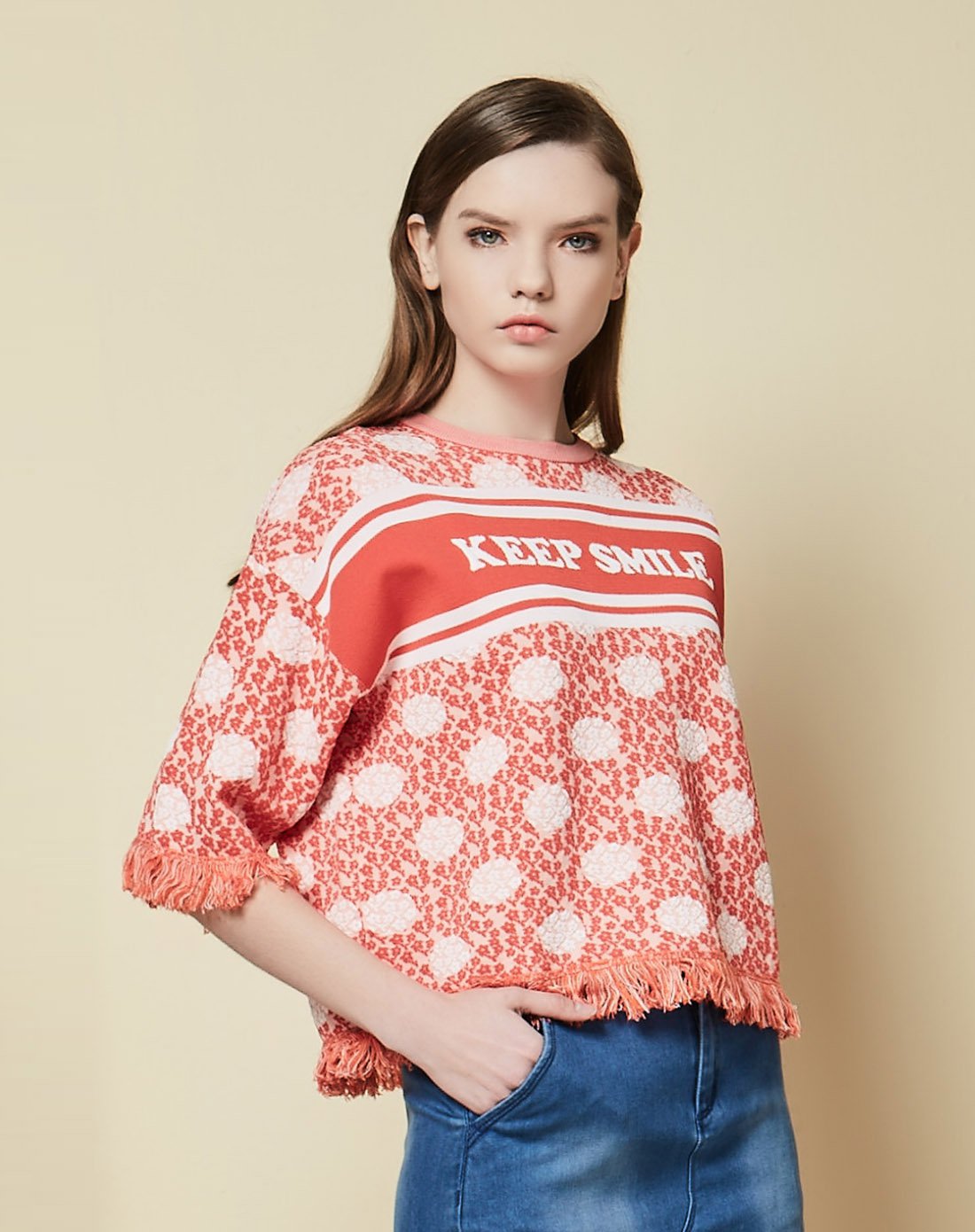 碎花波点流苏短袖针织衫西柚粉