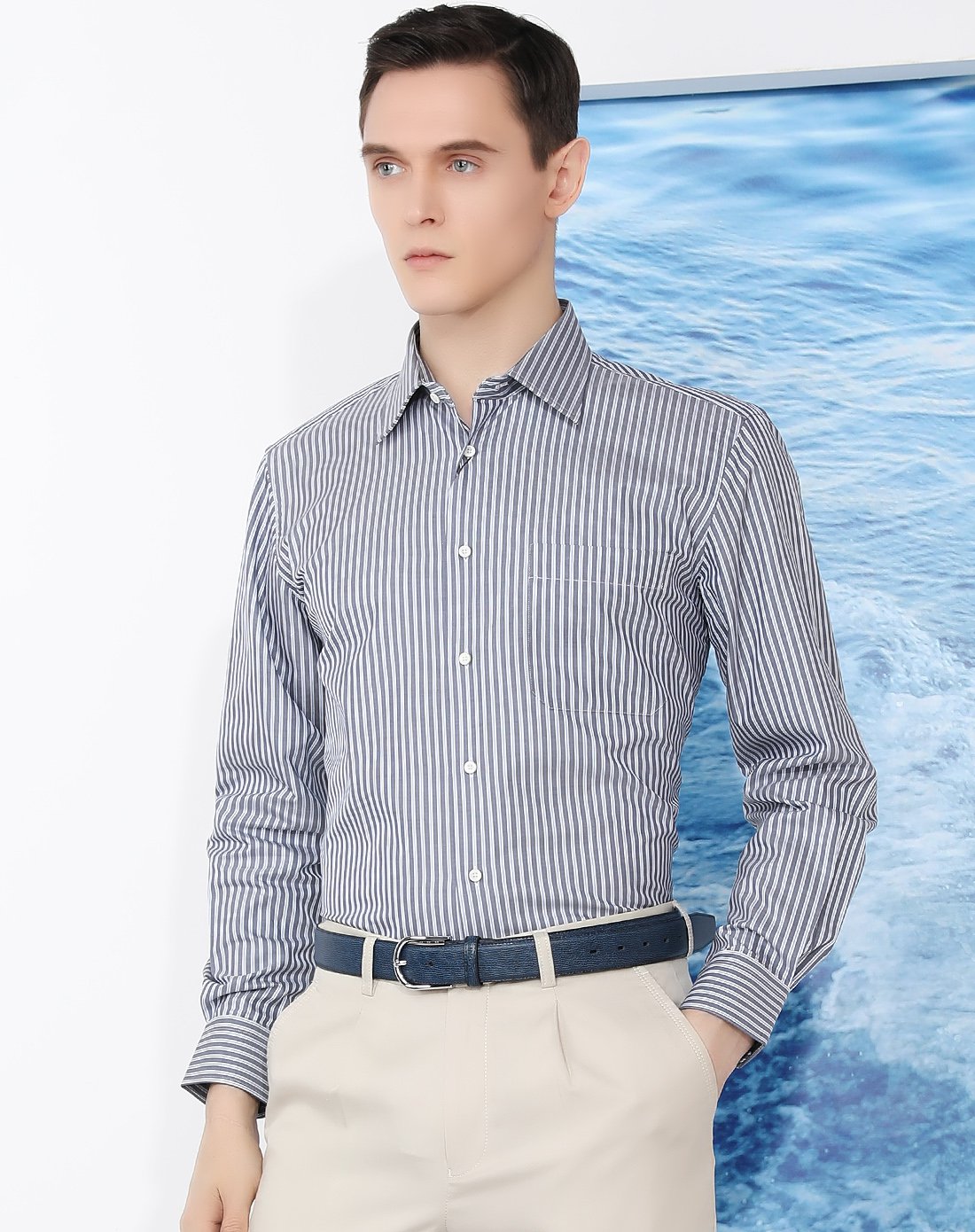 舒适蚕丝棉独特条纹翻领长袖衬衫