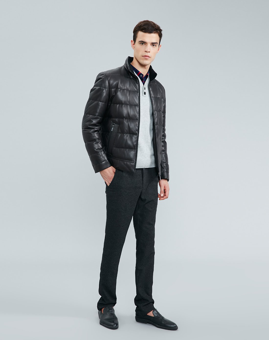 杰克斯男装冬季时尚百搭休闲立领羊皮羽保暖绒男士皮衣男士皮草