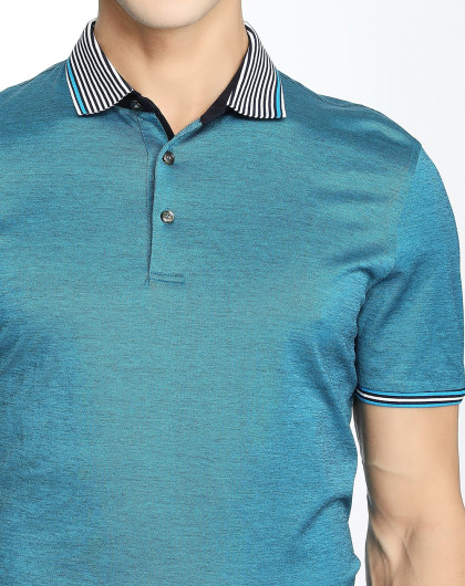 丝光棉透气吸汗拼罗纹领半开襟短袖t恤