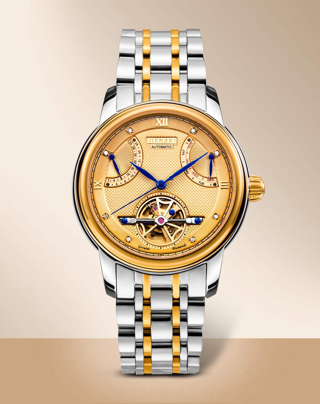 宾爵8颗真钻飞返五针计时机械镀金男表