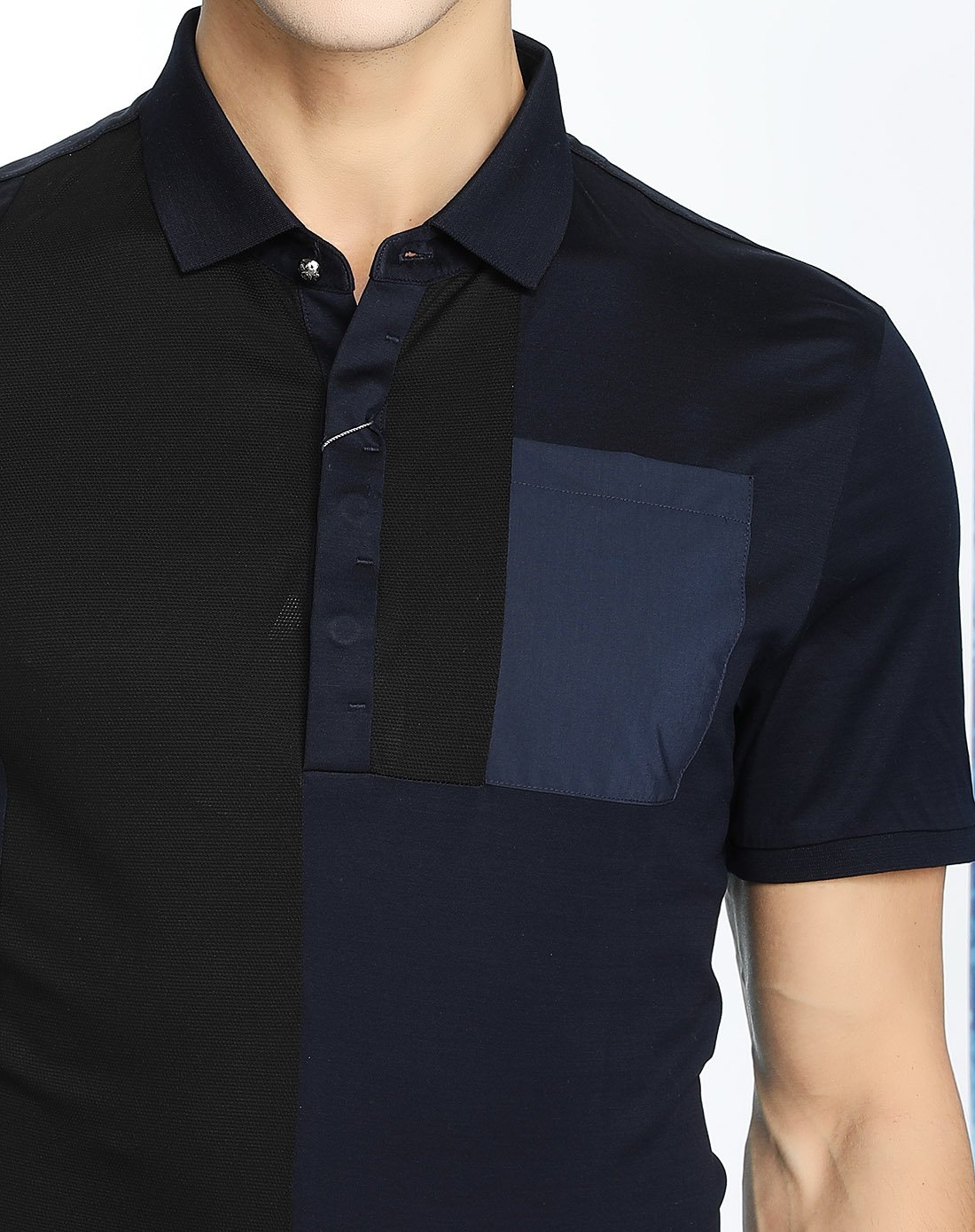 棉混纺柔软舒适时尚拼布罗纹领短袖t恤