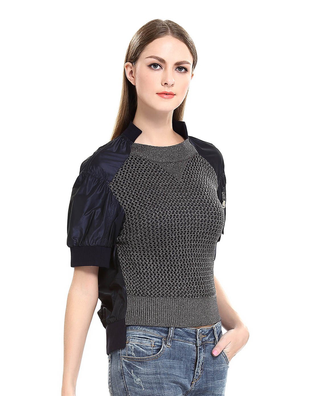 时尚前后片拼接短袖上衣蓝