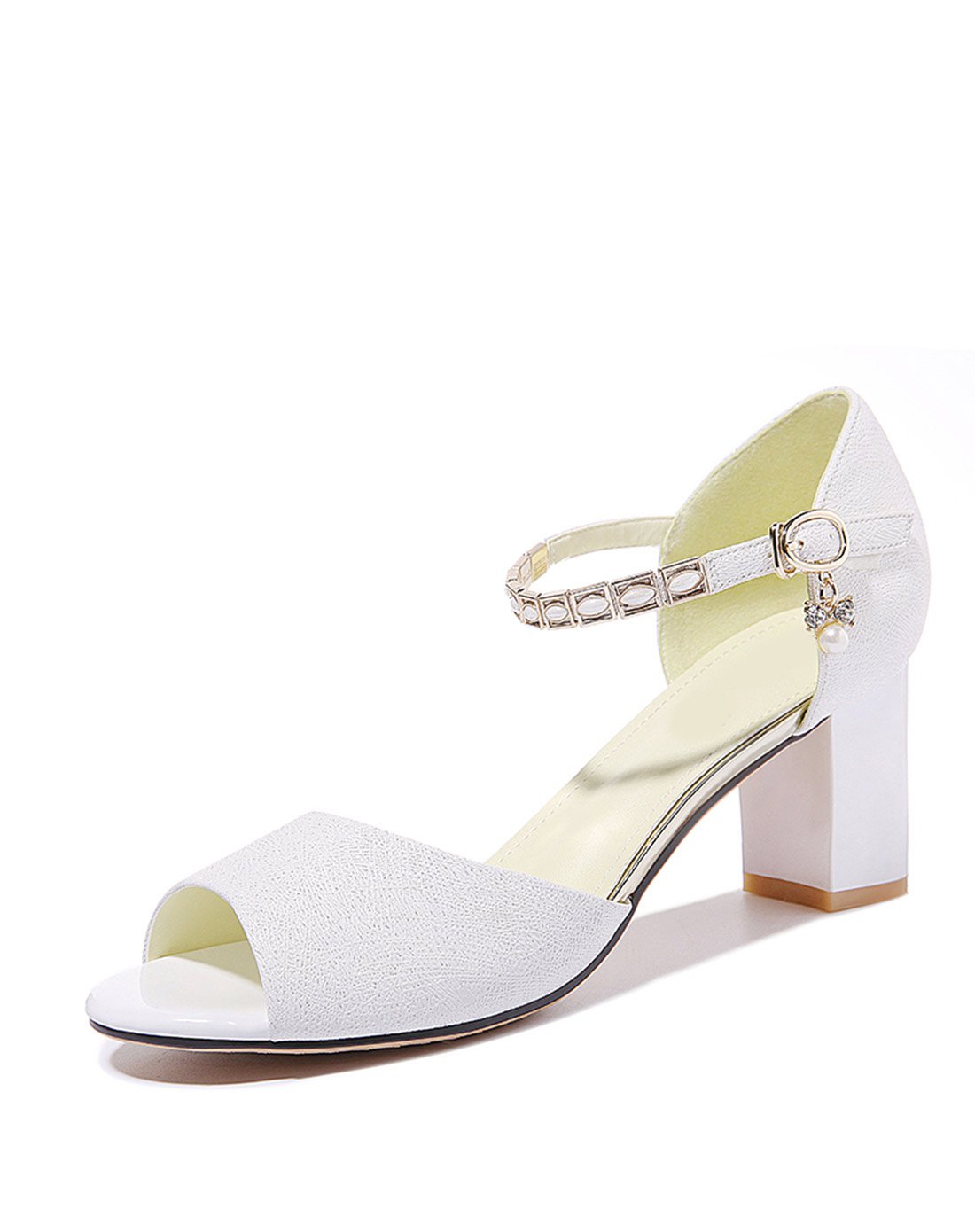 2017时尚扣饰一字带粗跟高跟鱼嘴凉鞋白色