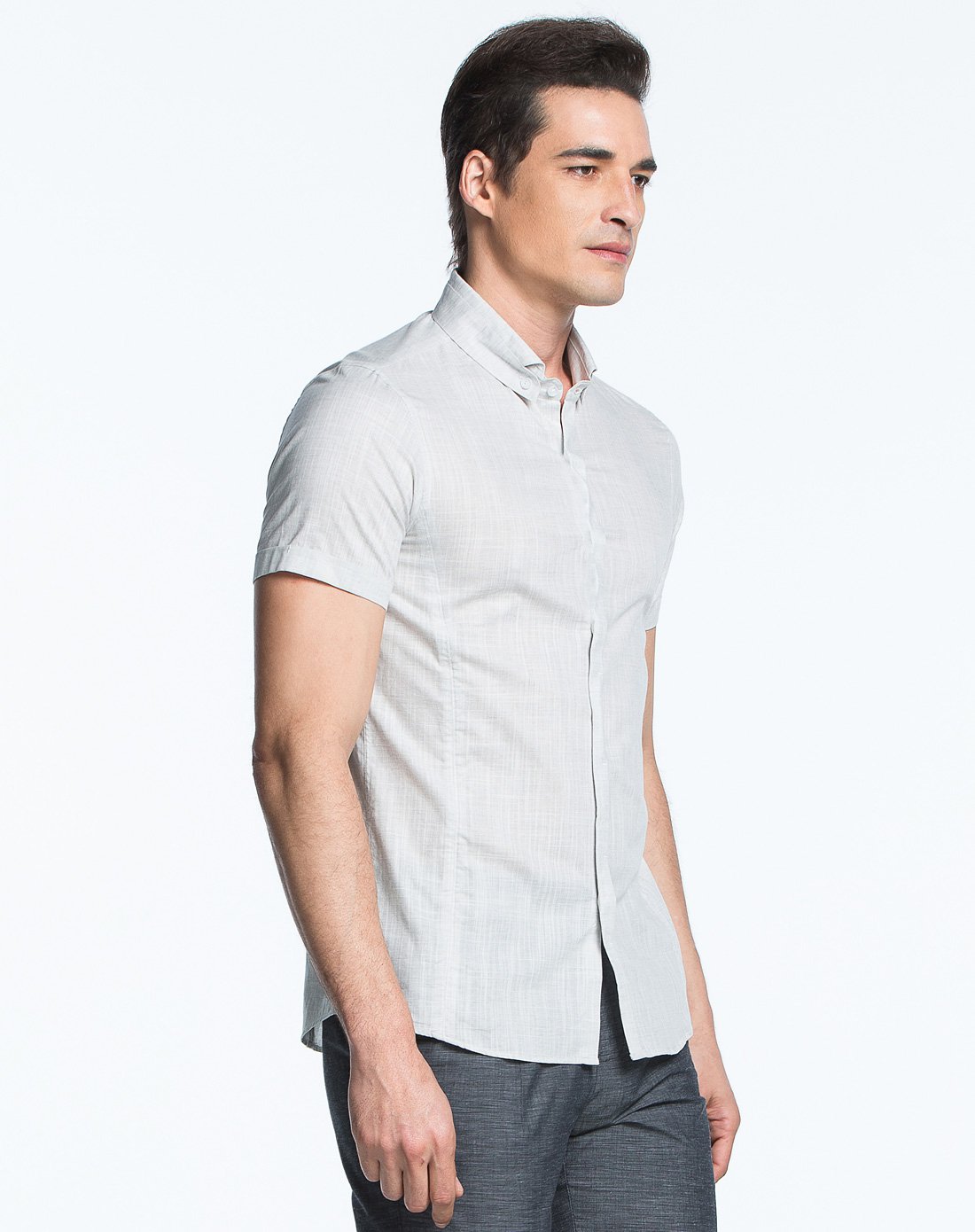 男士翻立领舒适纯棉短袖休闲衬衫