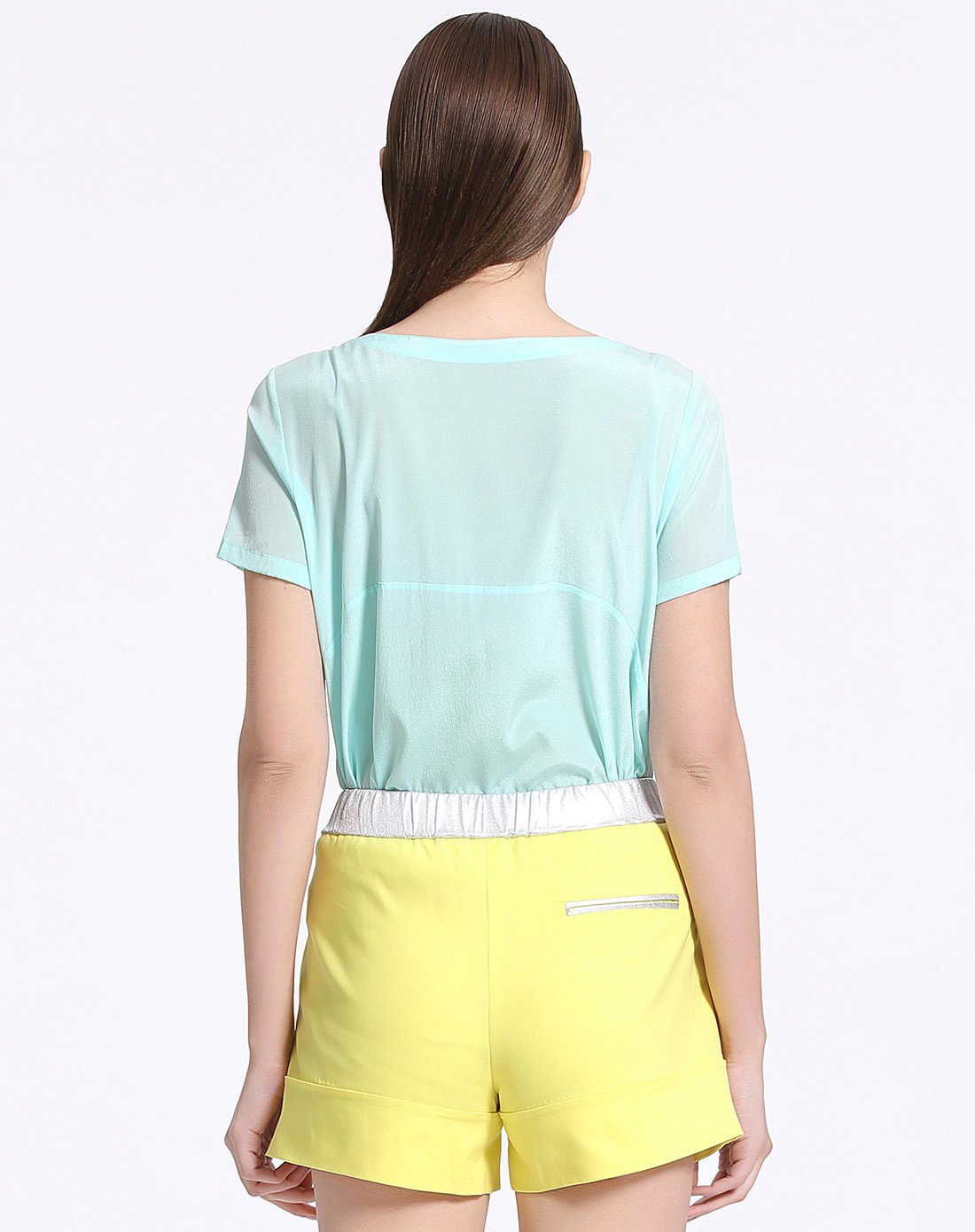 轻薄舒适宽松v领短袖上衣浅青碧