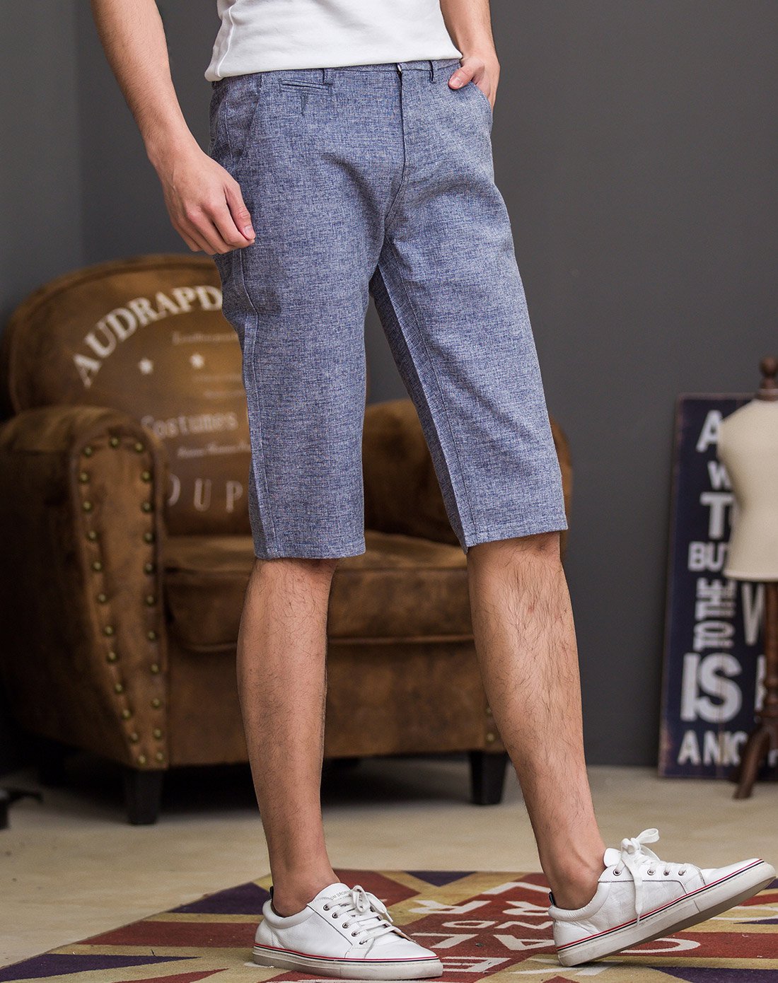 男款中灰弹两色麻料六分牛仔裤