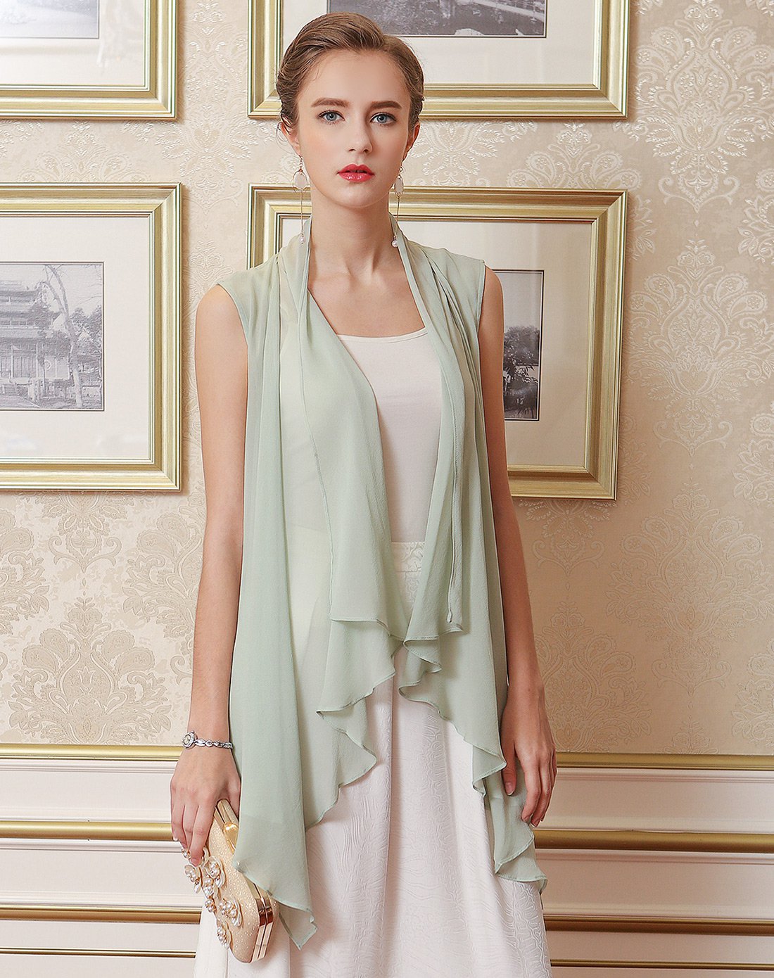 voa淡绿荷叶边无袖披肩式薄空调防晒衫 简约真丝开衫