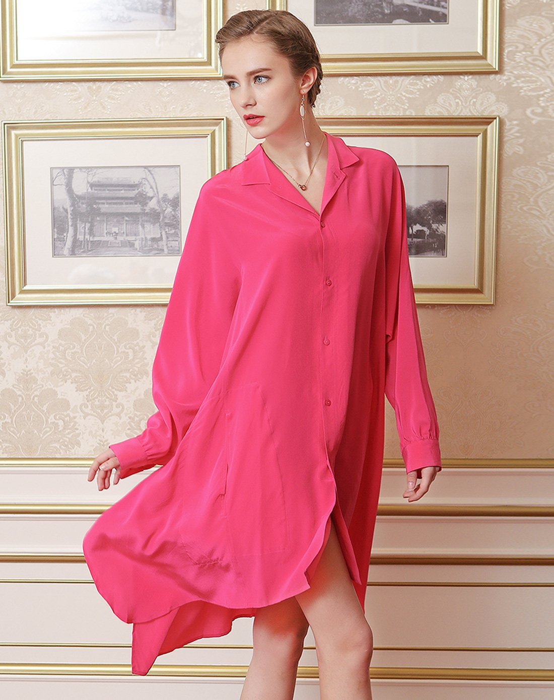 艳丽鲜嫩无束缚超大款玫红真丝双绉碎褶口袋长衬衫