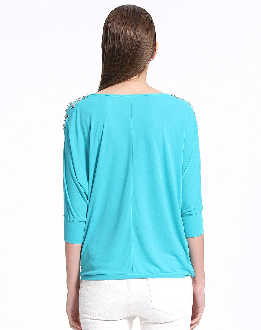 闪亮时尚舒适七分袖上衣青碧色