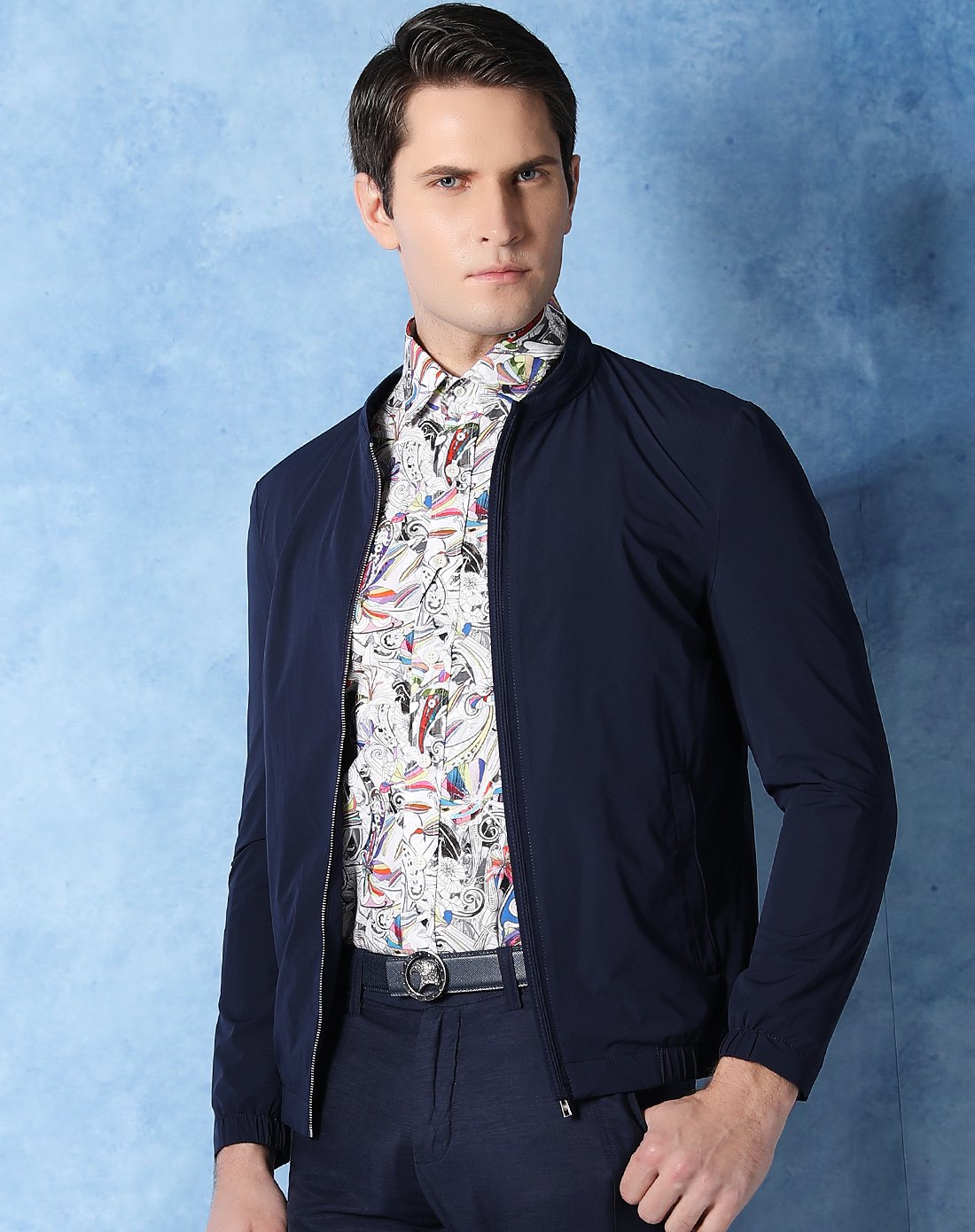 delure&铁狮丹顿testantin男装带弹力清爽舒适松紧下摆立领夹克蓝色