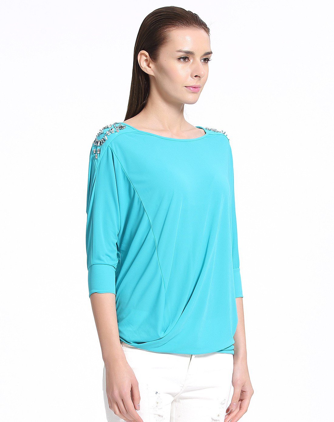 闪亮时尚舒适七分袖上衣青碧色