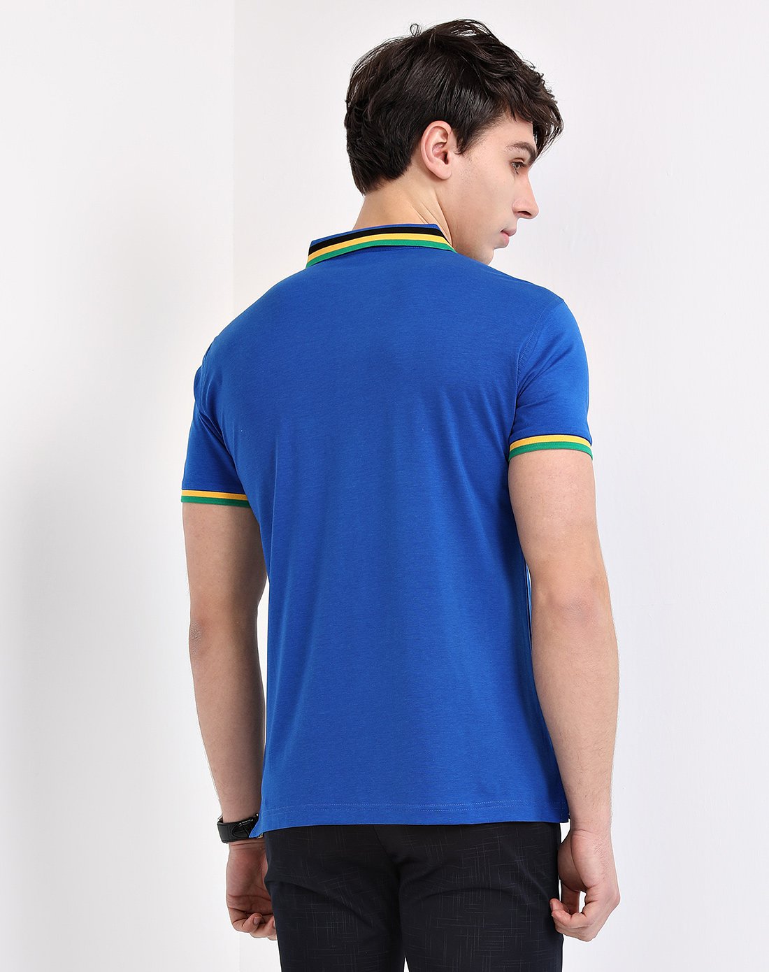 男款宝石蓝时尚方领下摆开衩polo衫