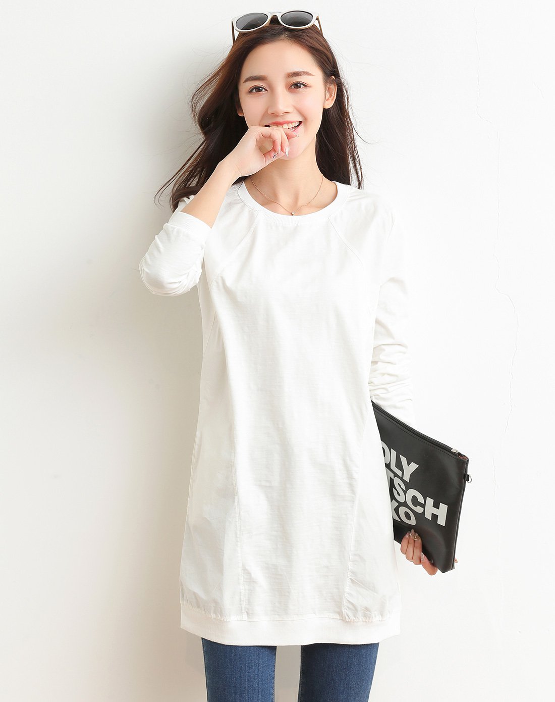 圆领纯色简约长袖中长款t恤黑色