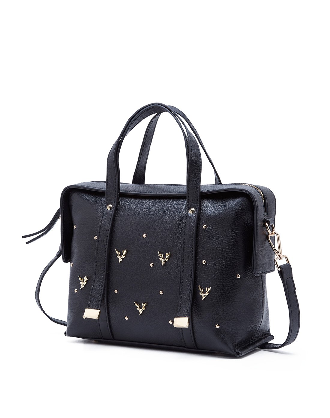 牛皮新品时尚小花鹿印花典雅欧式通勤手提包雅典黑