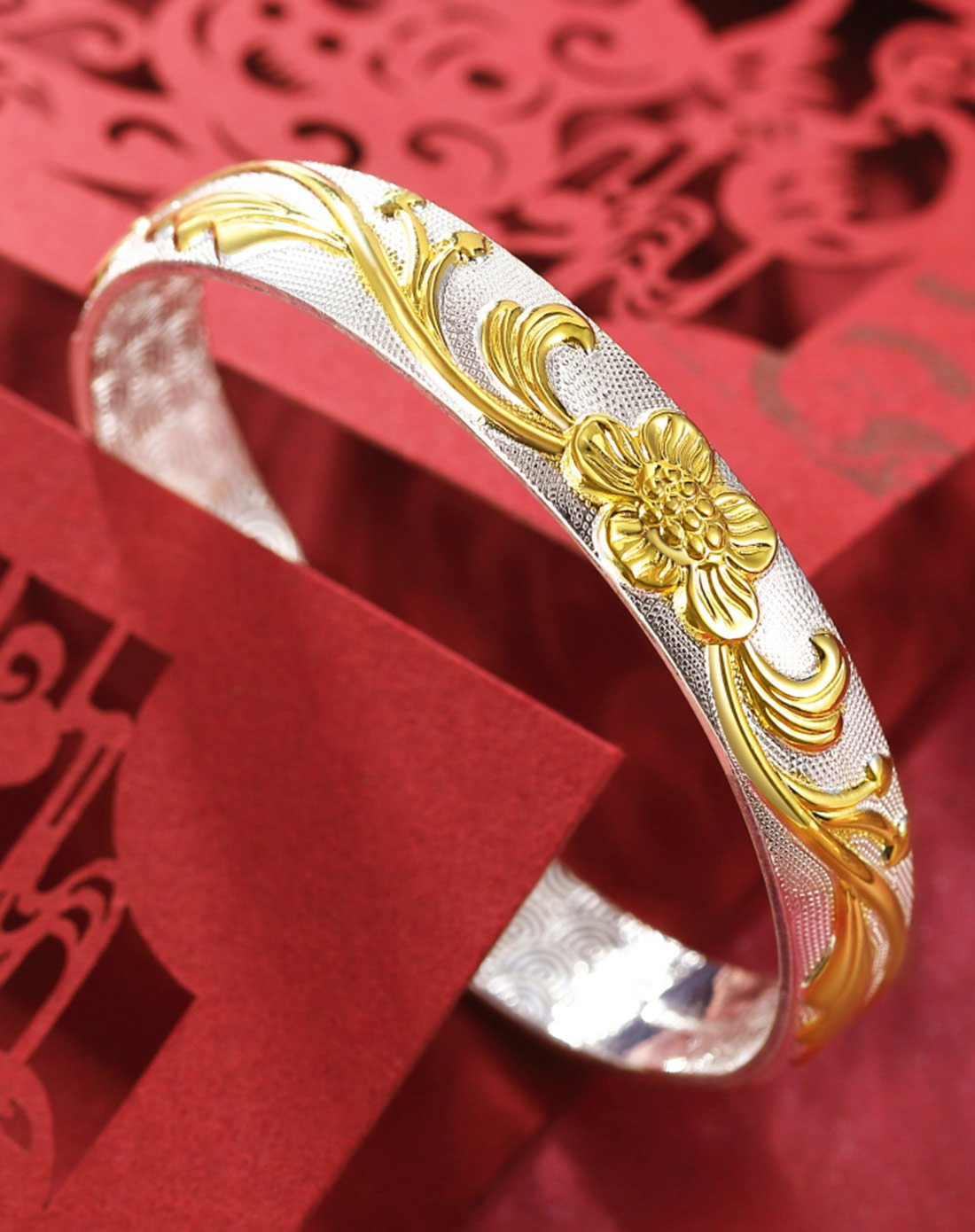 winy999足银传统开口金银双色女银手镯迷花幽香鎏金工艺37g配证书