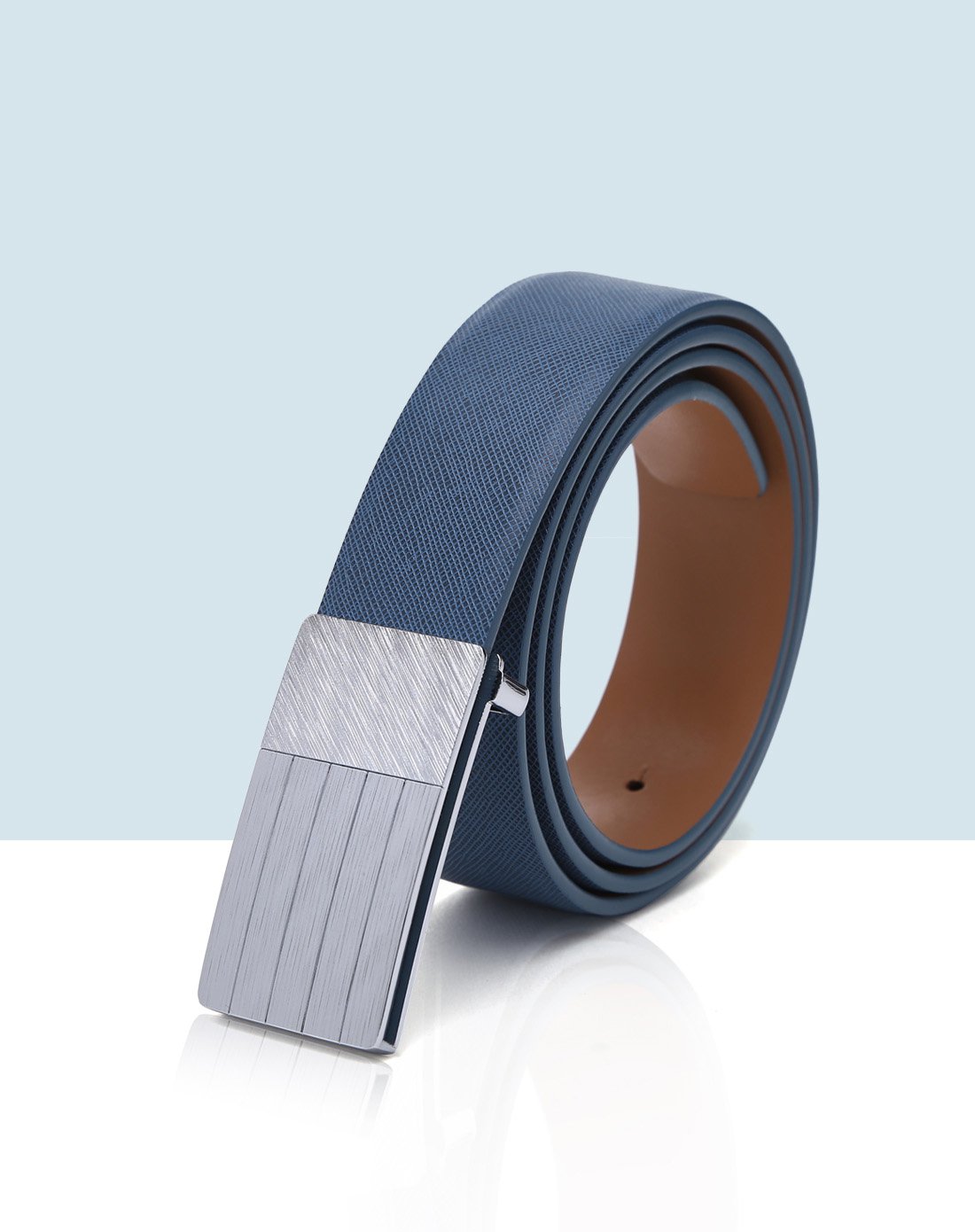 男士蓝色全牛皮百搭休闲平滑扣皮带大地黄