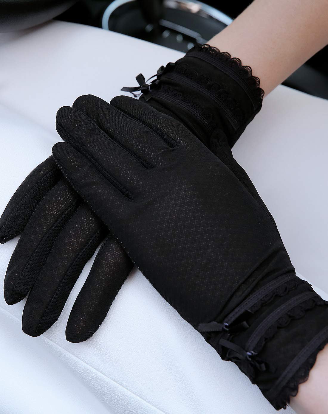蕾丝双蝴蝶结短款防晒手套黑色