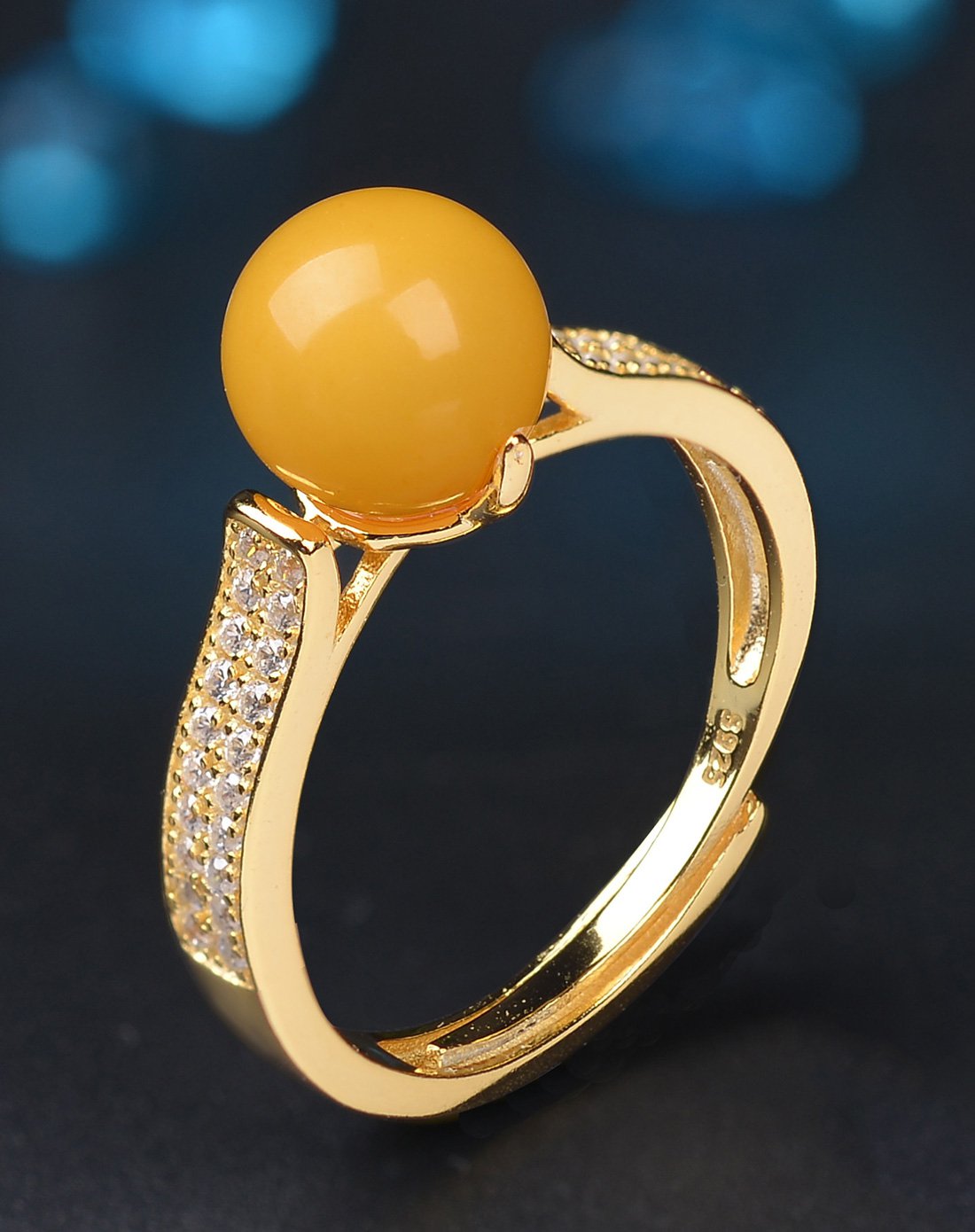 亿珍阁 s925银镶嵌蜜蜡圆珠戒指附证书