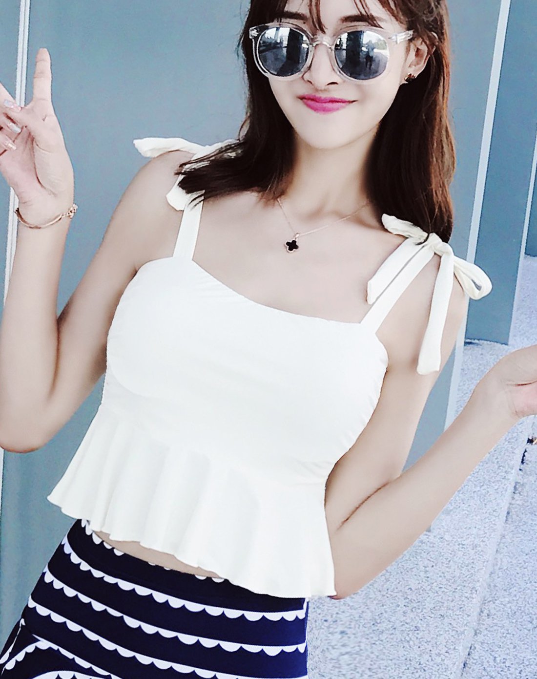 俏皮绑带 女分体可爱学生泳衣 钢托聚拢白色