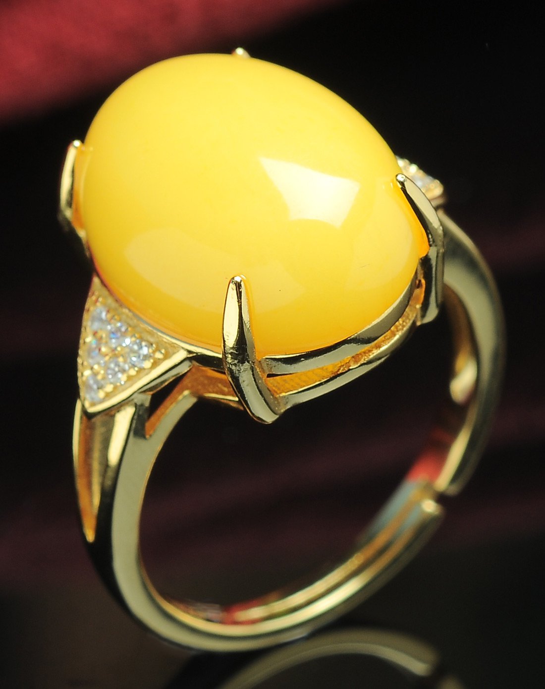 亿珍阁 925银柠檬黄蜜蜡蛋面戒指11-13#附证书