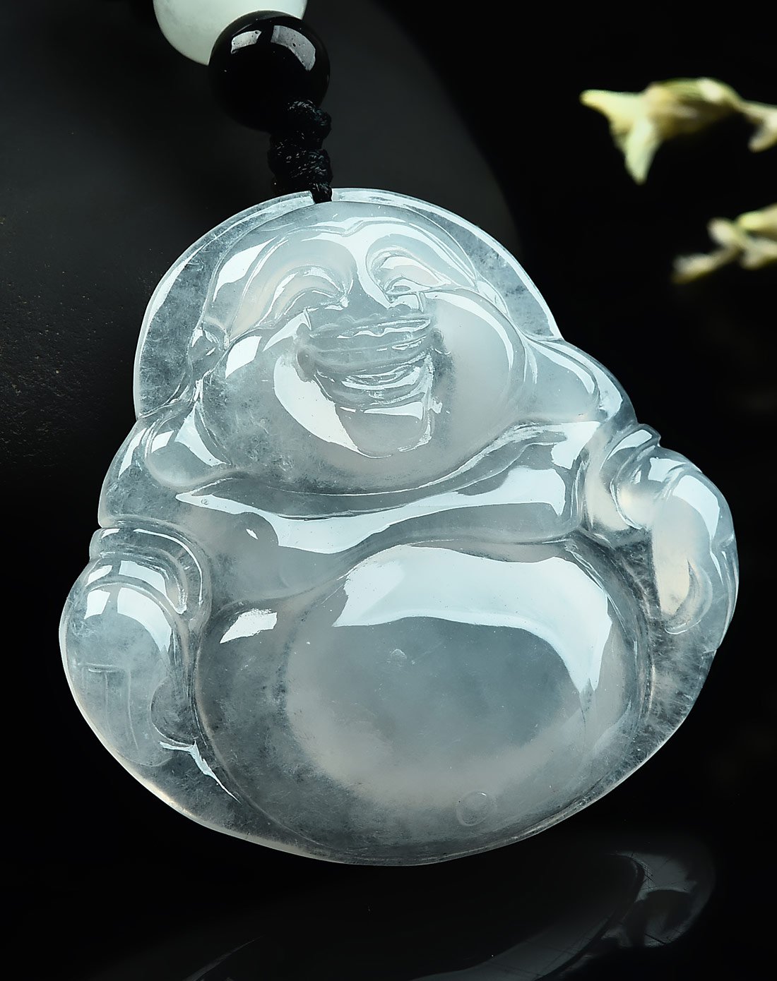 亿珍阁 天然a货冰白冰糯种笑佛大肚佛翡翠吊坠附证书