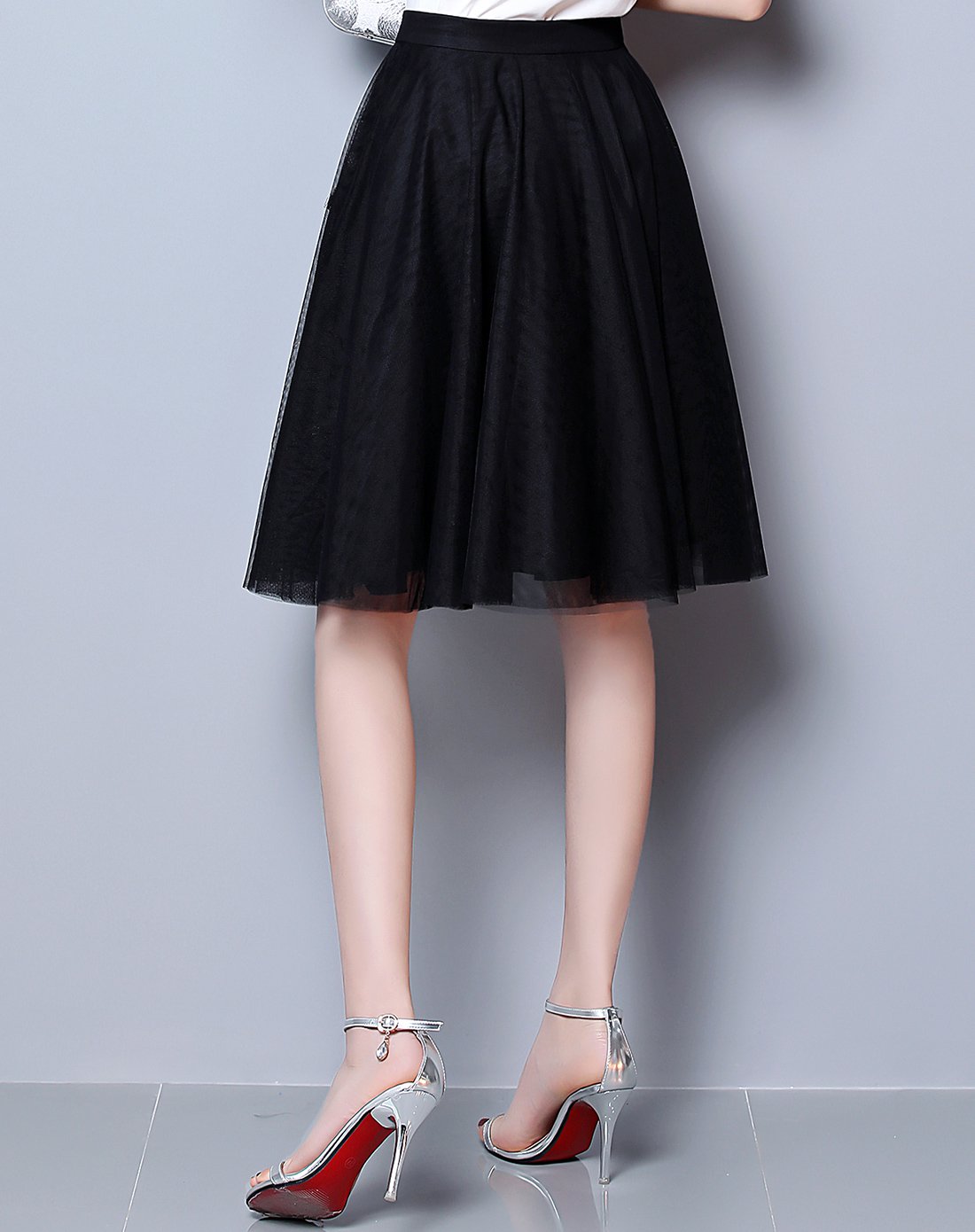 休闲纯色a字网纱腰裙