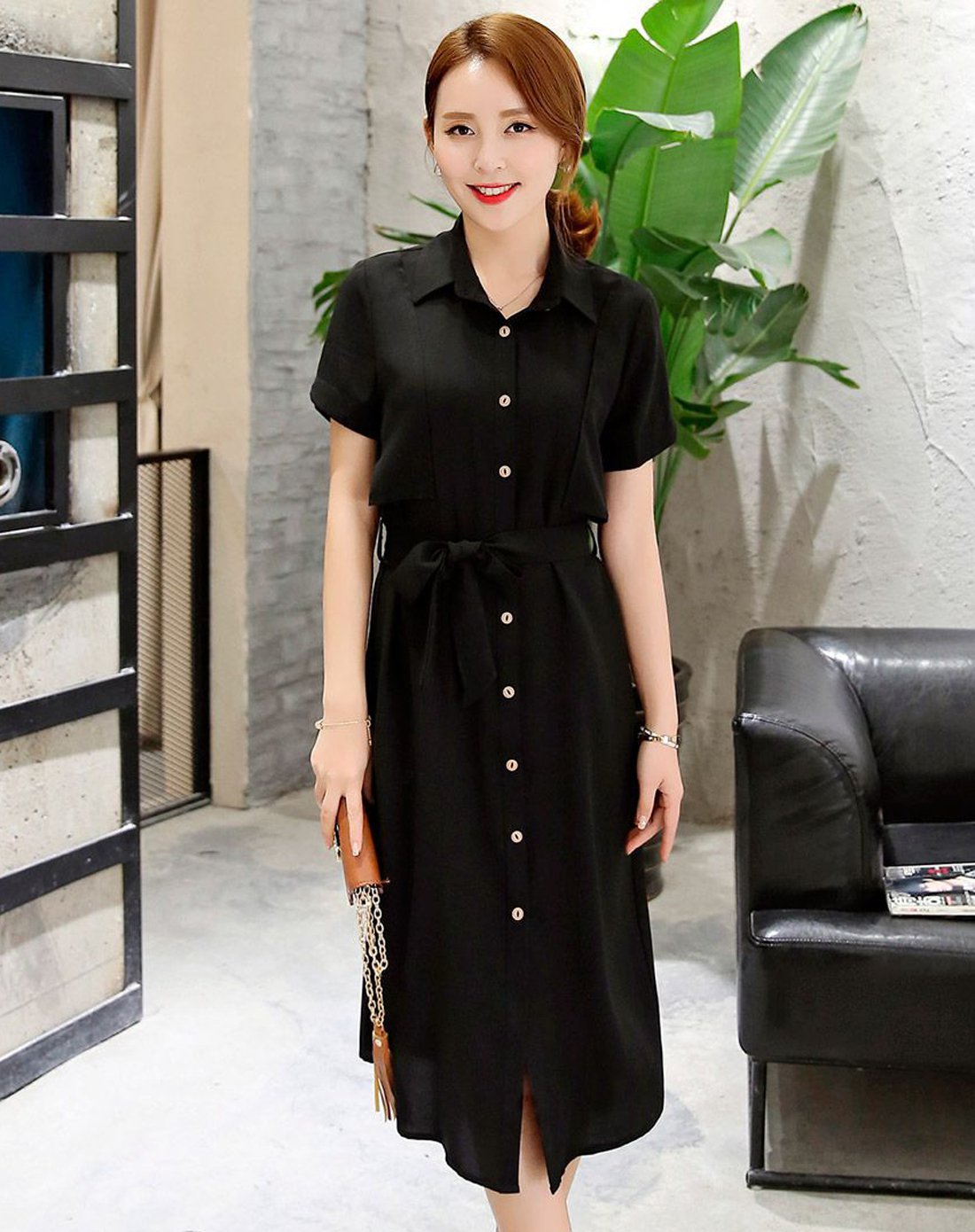 简约短袖衬衫领开襟休闲连衣裙