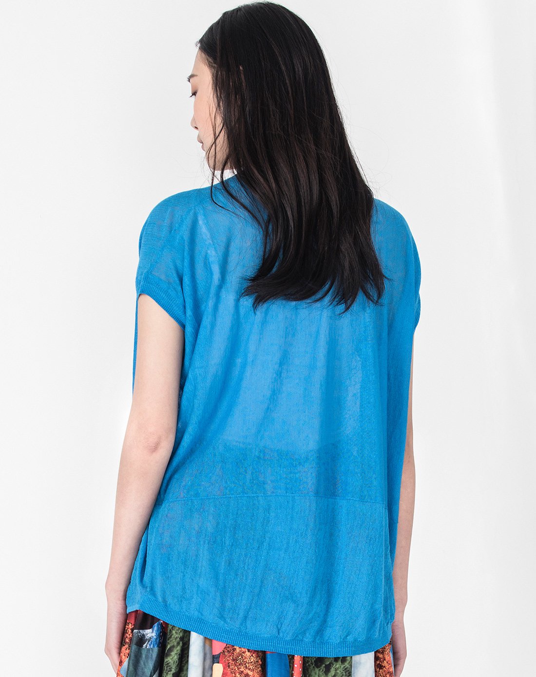 蓝色百搭亚麻短袖针织开衫