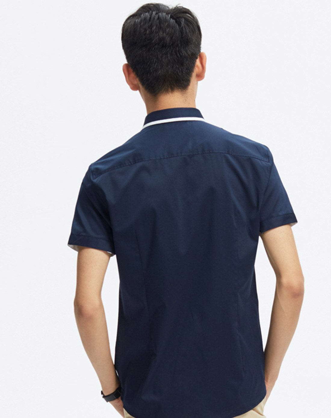 男撞织带精致短袖衬衫鸢尾蓝黑