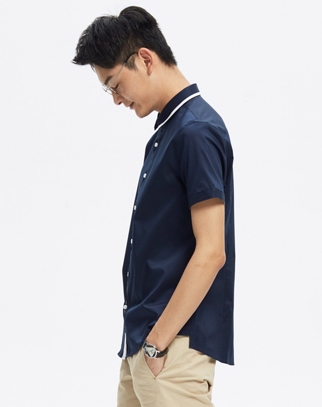 男撞织带精致短袖衬衫鸢尾蓝黑