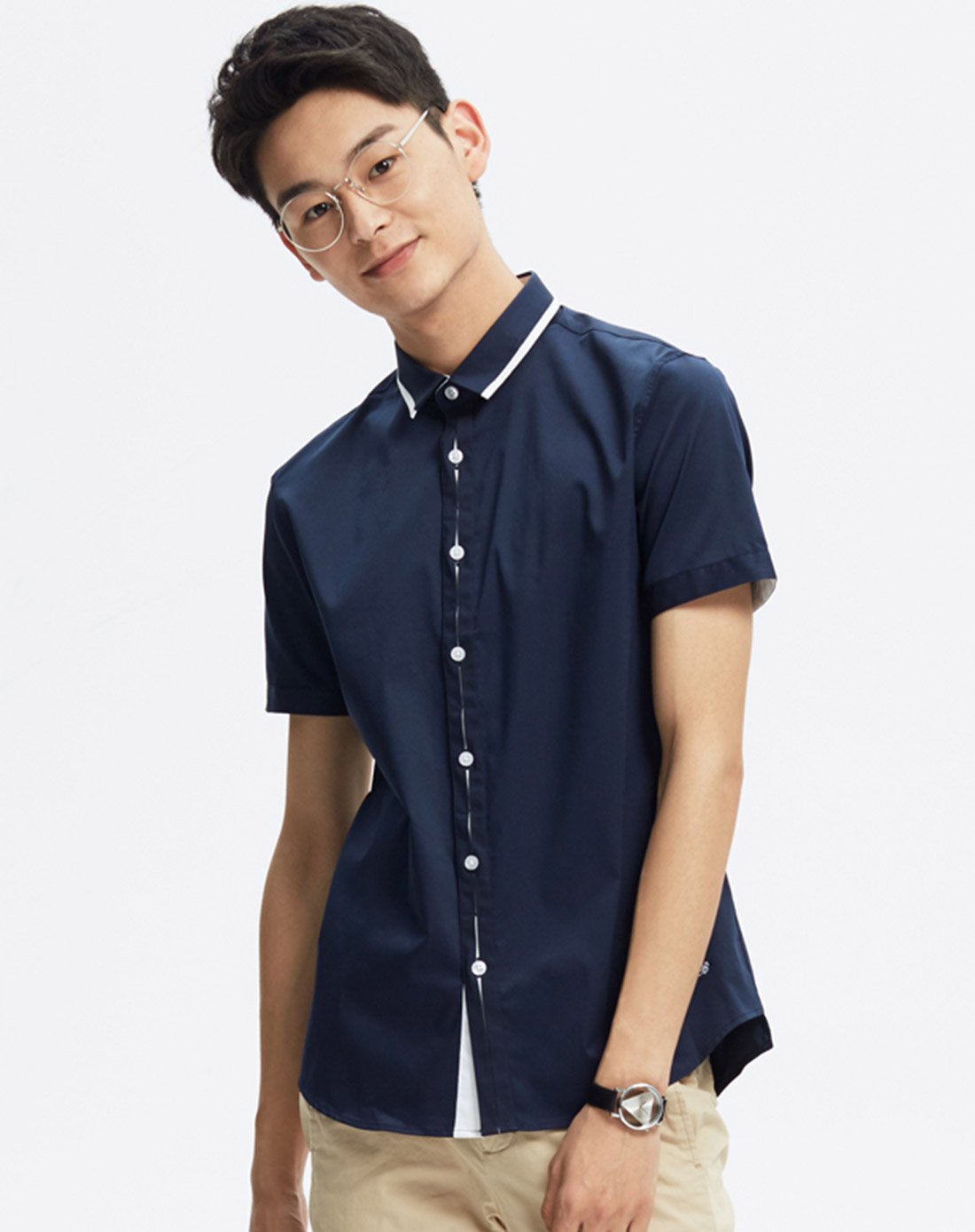 男撞织带精致短袖衬衫鸢尾蓝黑