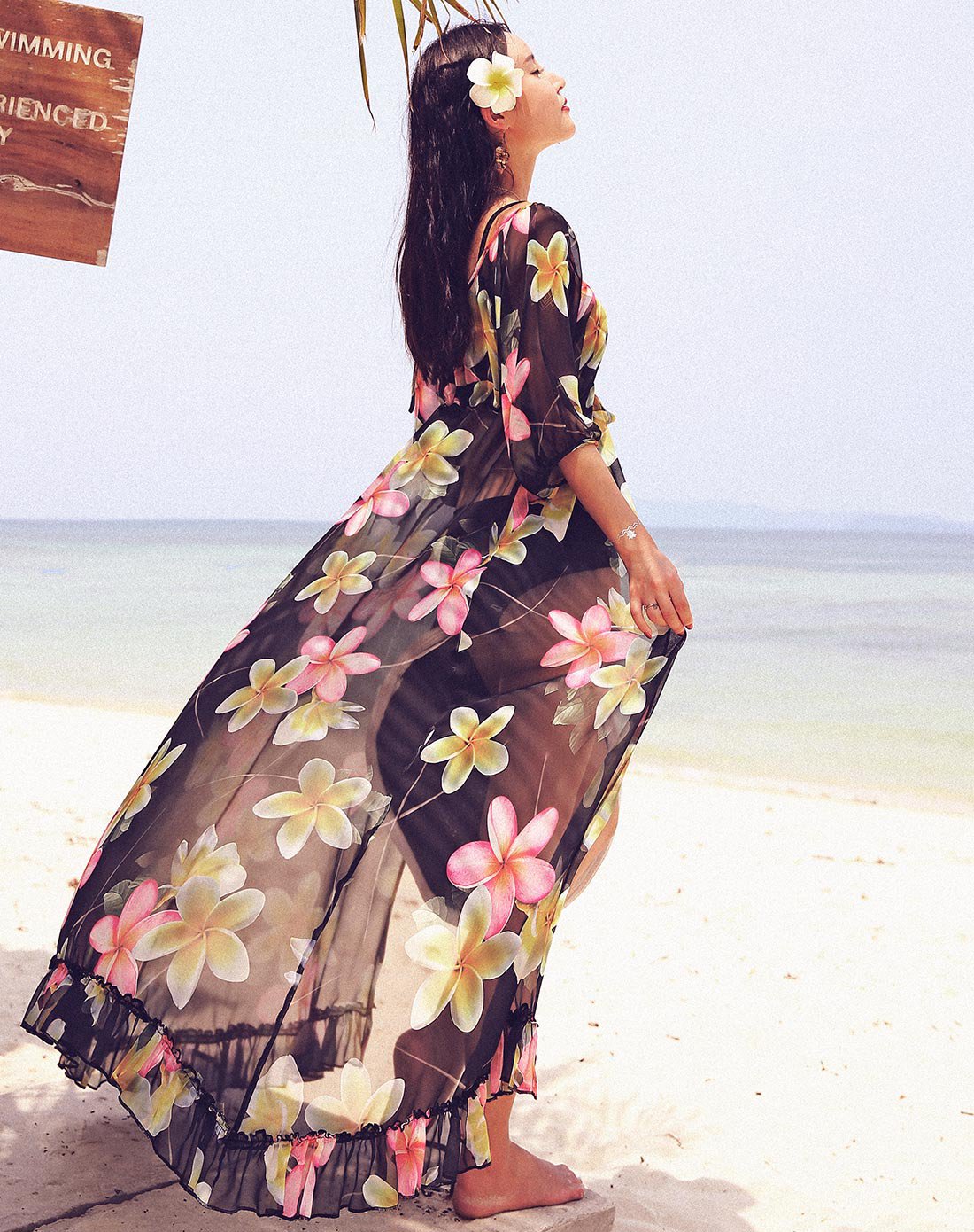 我与海岛有个约会-尚静女装沙滩裙专场 深v领印花时尚连衣裙黑/多色