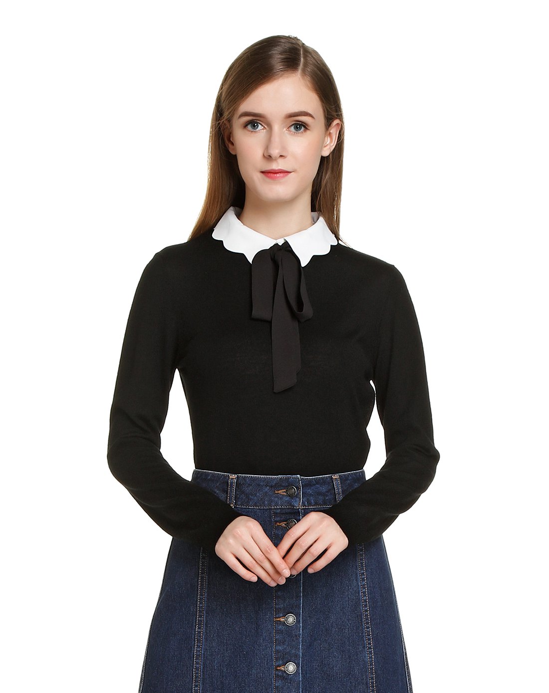 双层领系带套头长袖针织衫灰色