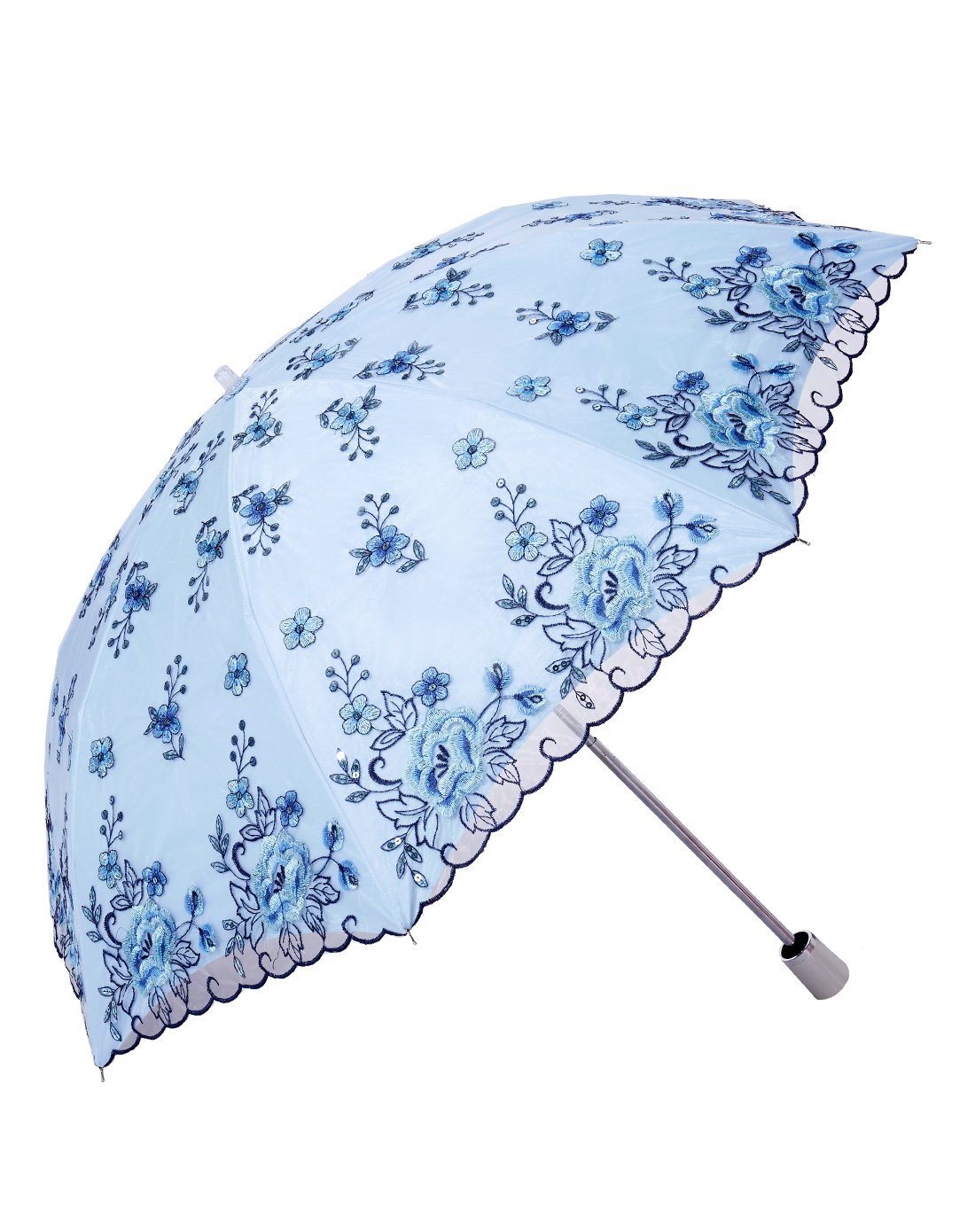 清新蕾丝双层超强防紫外线二折绣花伞蓝色