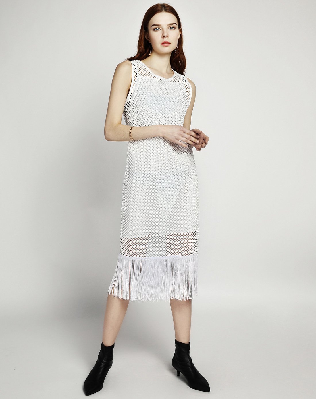 下摆流苏网格连衣裙黑色