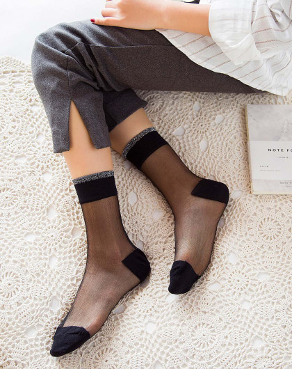 女士袜子时尚银边短丝袜黑色2双装