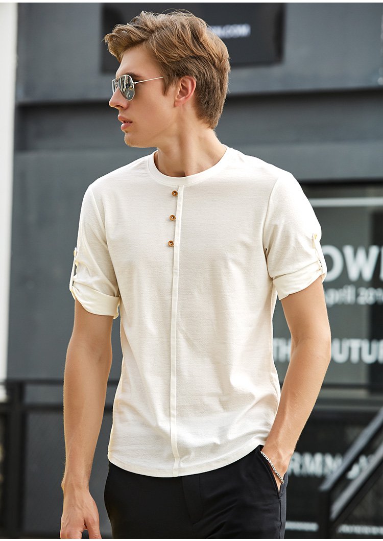 中式男士七分袖圆领t