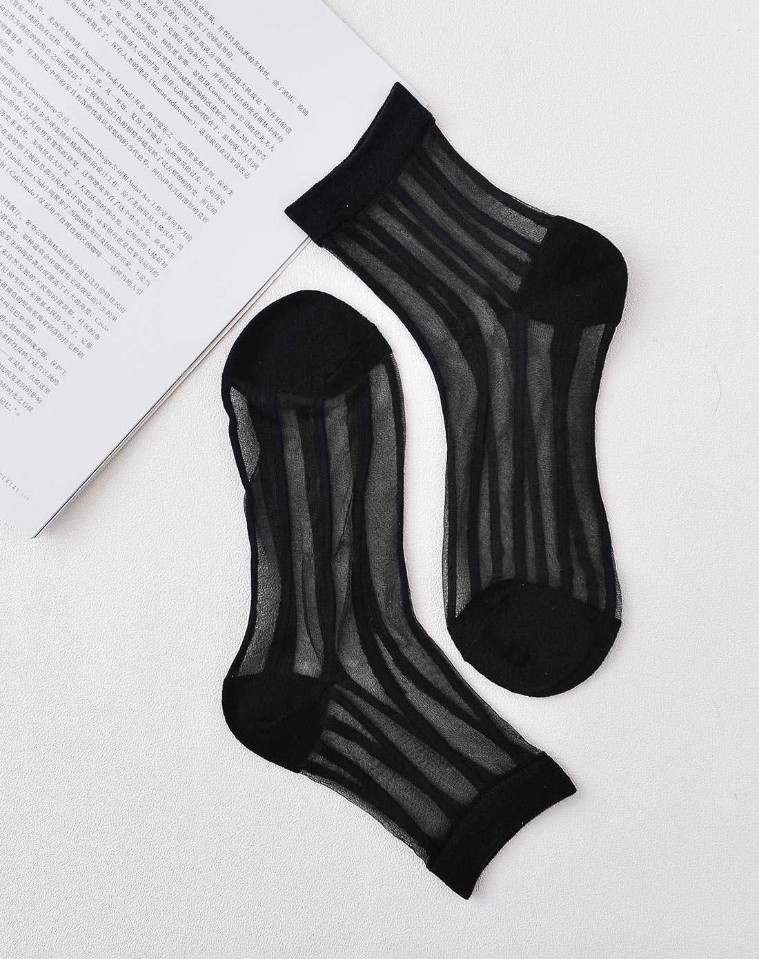 女士袜子时尚竖条纹短丝袜黑色2双装