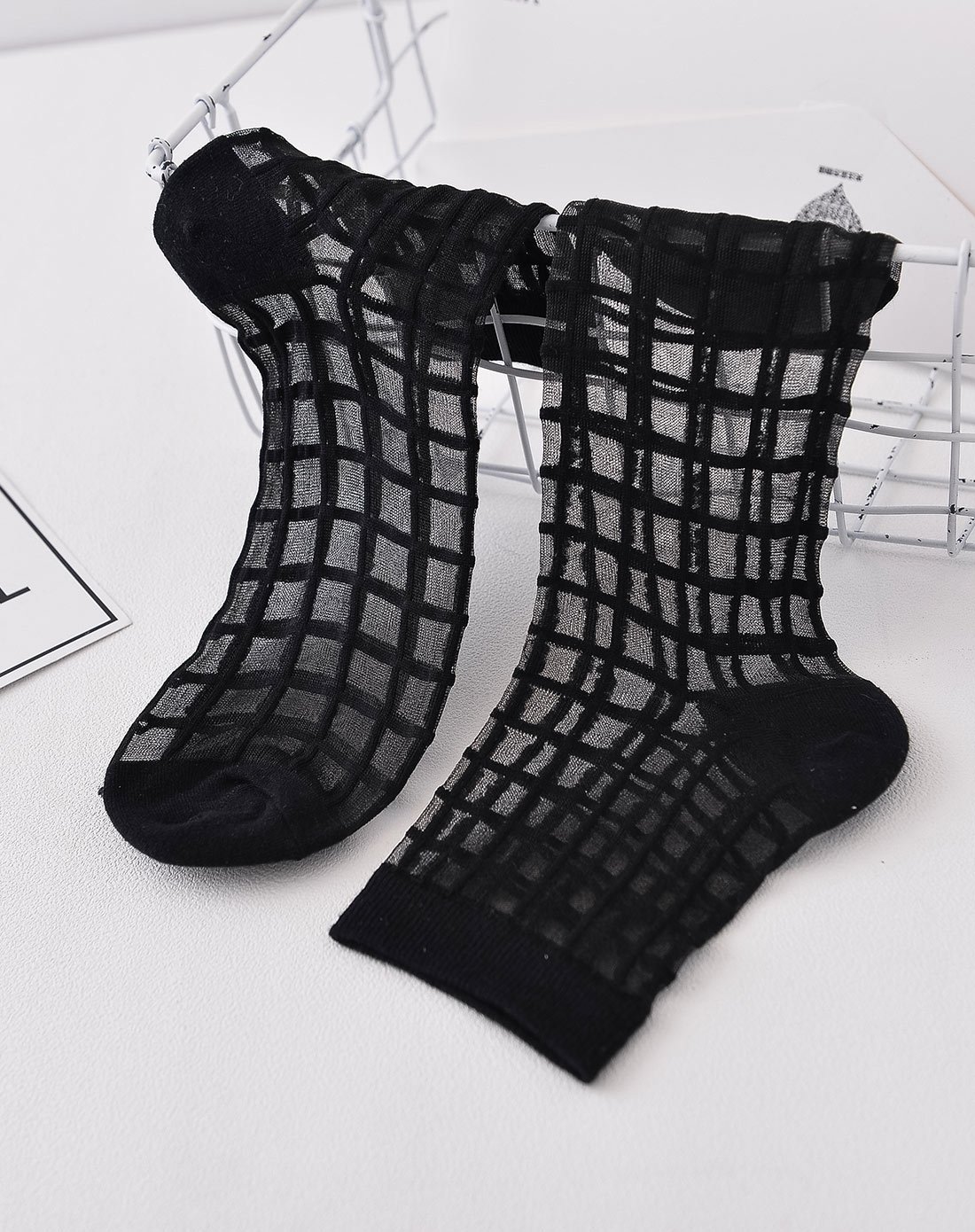 女士袜子时尚方格短丝袜黑色2双装