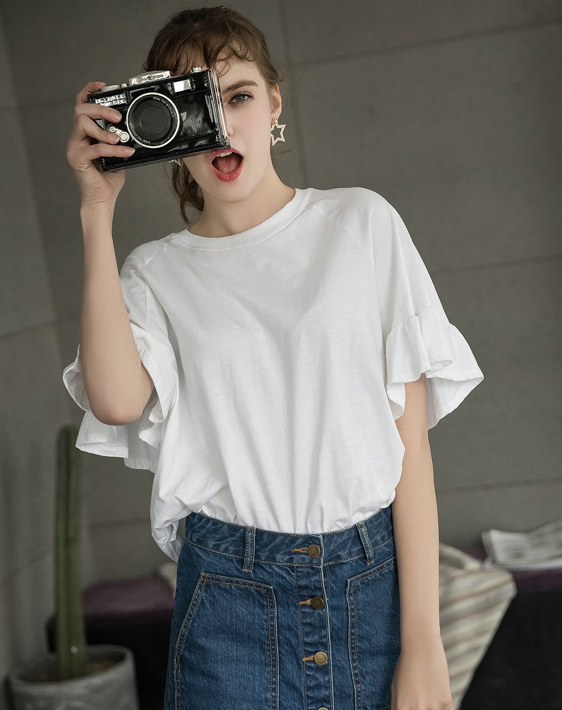女款漂白荷叶边袖口插肩短袖t恤