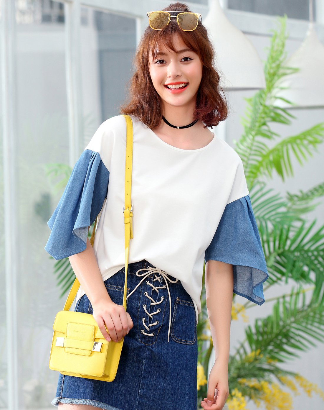 日韩时尚简约大方拼接洗水牛仔圆领夸张造型袖子短袖t恤