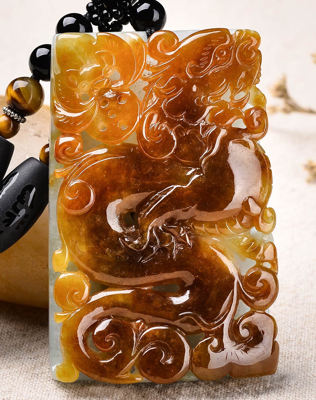 亿珍阁 天然a货褐黄糯种无事牌如意仿古龙翡翠吊坠附证书