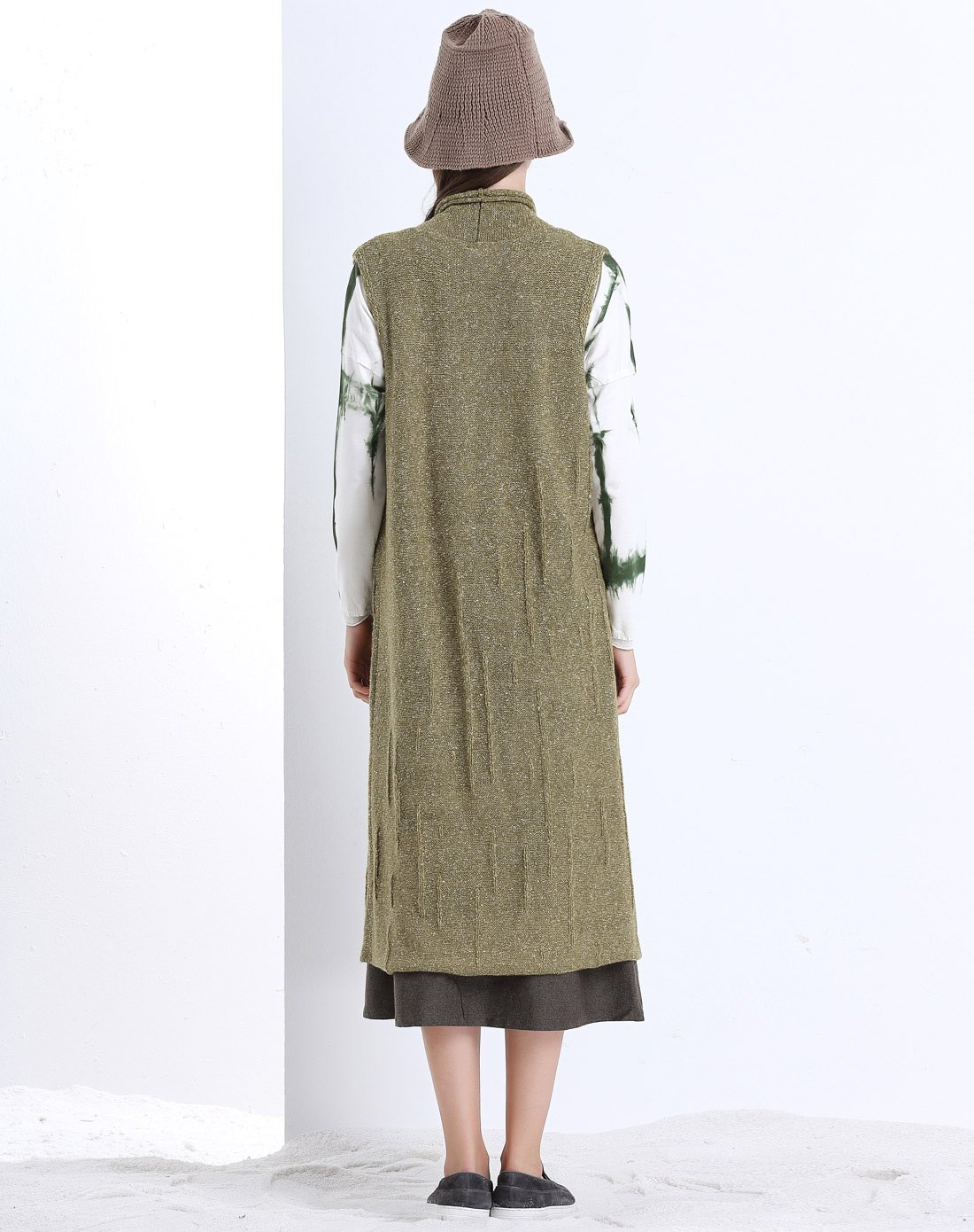 长款休闲时尚百搭长款羊毛坎肩黄绿色