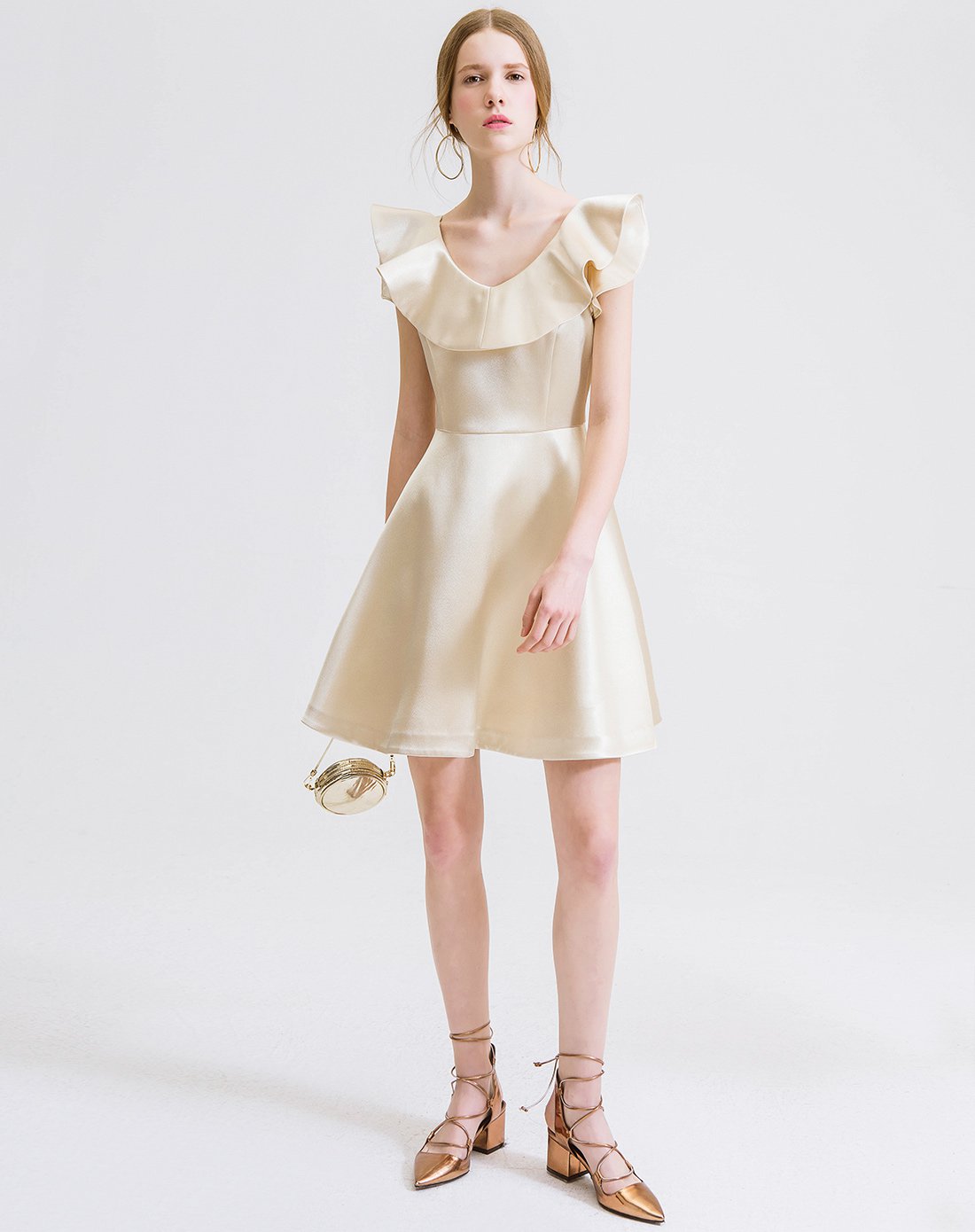 香槟金荷叶领无袖连衣裙时尚礼服裙子