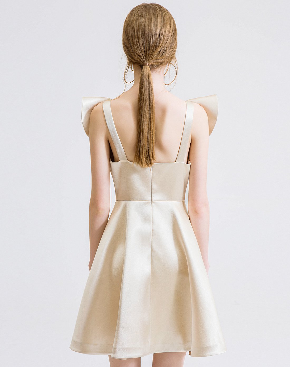 香槟金荷叶领无袖连衣裙时尚礼服裙子